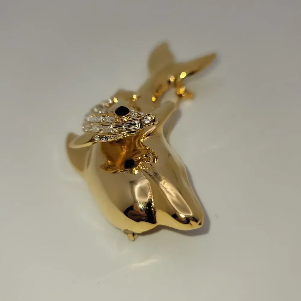 Vintage Gold-tone Dual Leaping Dolphins Trembler Baguette Round Rhinestones